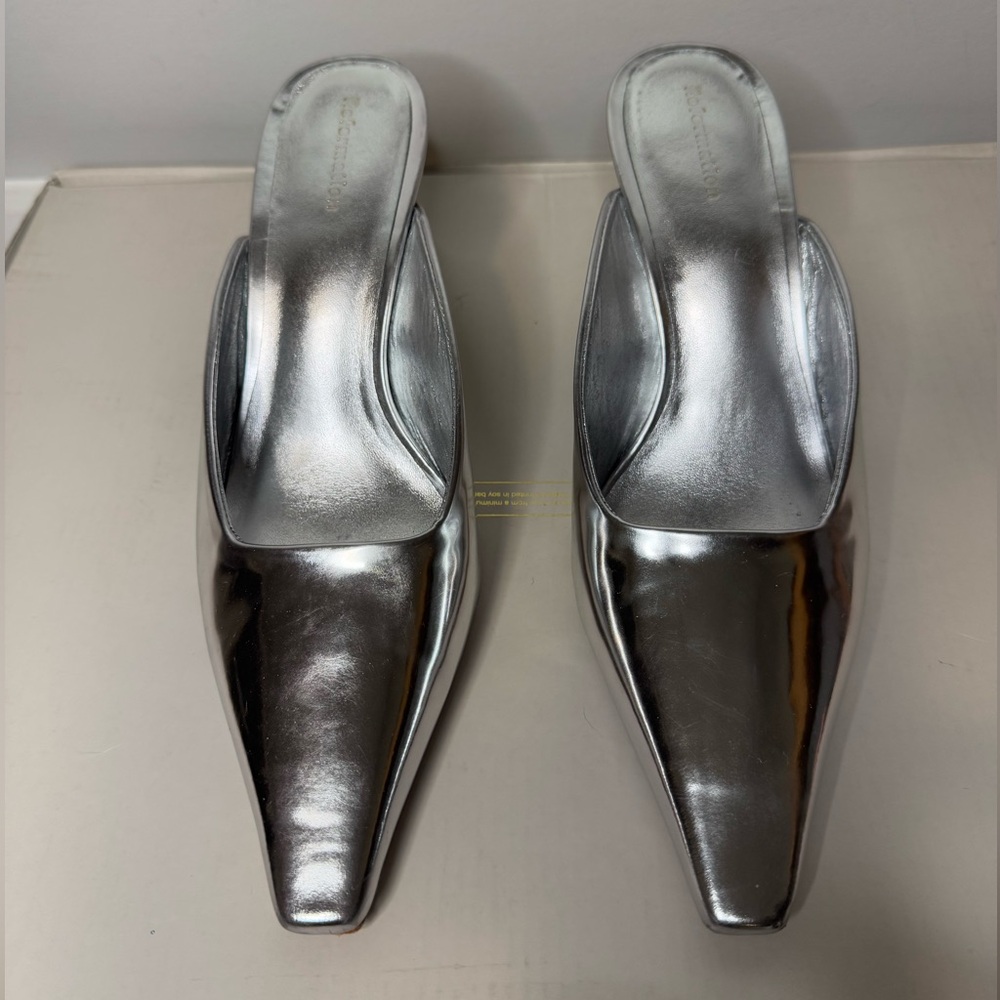 Reformation Nicoletta Mule Heel, Silver, Size 5.5